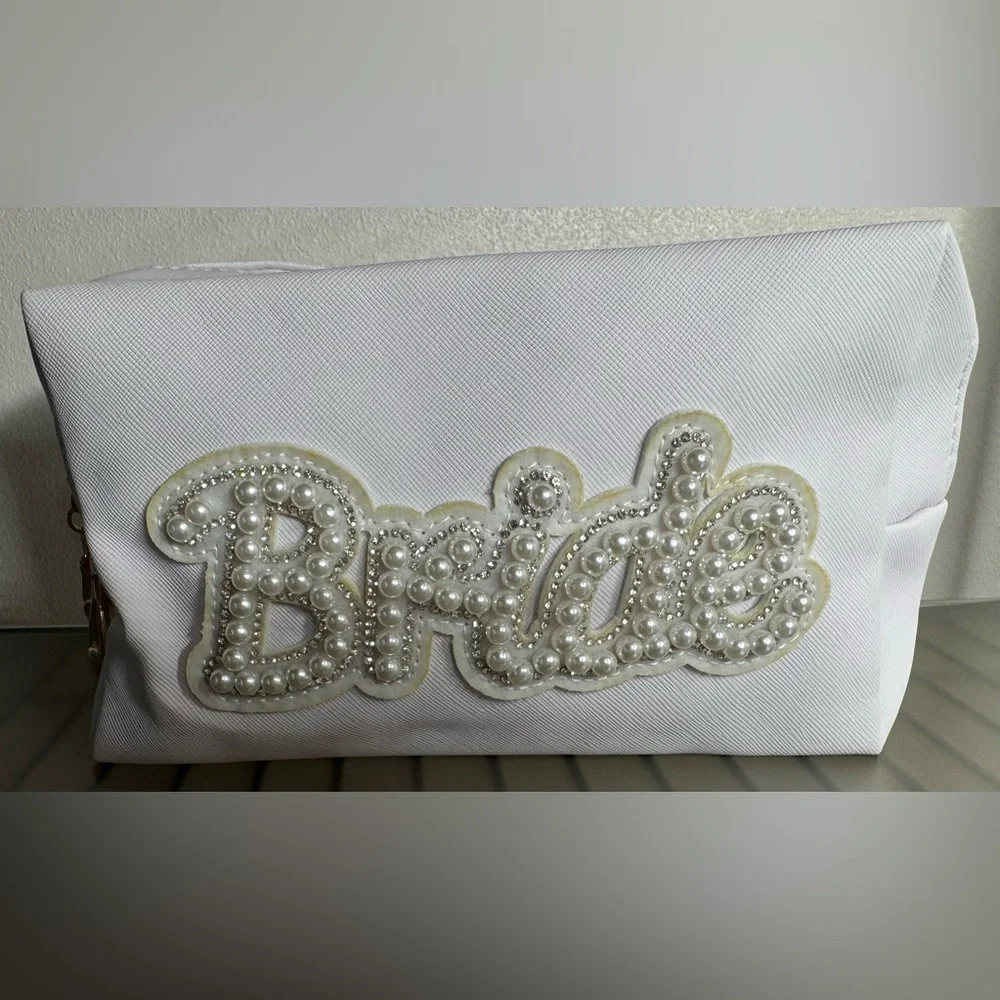 Elegant White Pearl and Crystal bride cosmetic bag gold accent